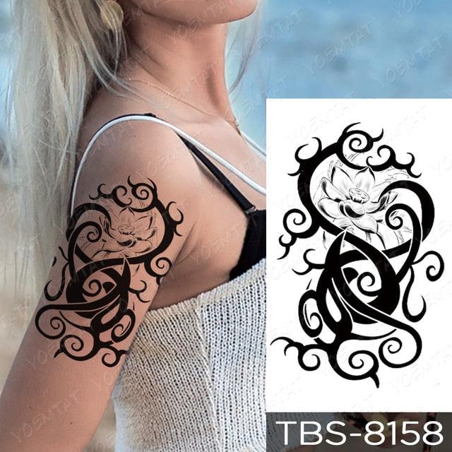 Black Sketchs Flowers Waterproof Temporary Tattoo Sticker Chest Flash Tattoo Wolf Diamond Flower Body Art Arm Fake Tattoo For Womens Men