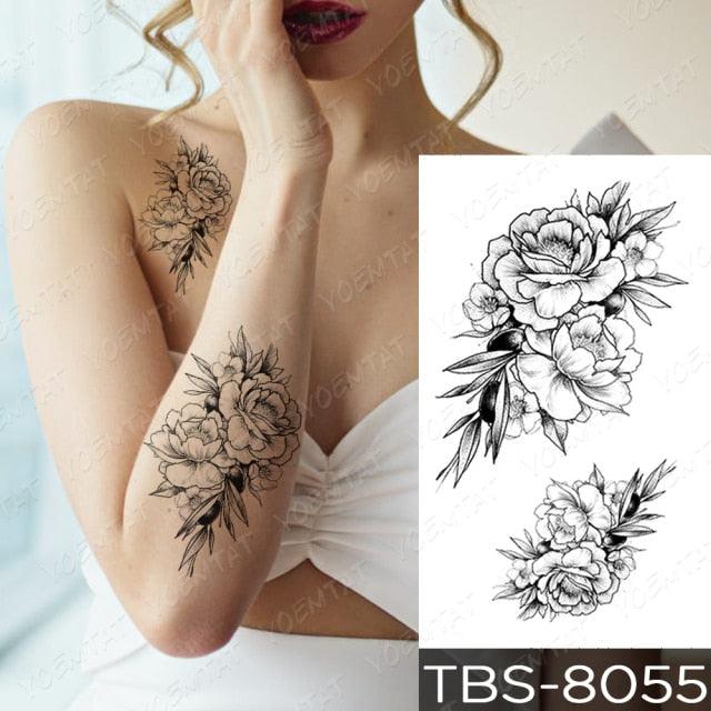 Black Sketchs Flowers Waterproof Temporary Tattoo Sticker Chest Flash Tattoo Wolf Diamond Flower Body Art Arm Fake Tattoo For Womens Men