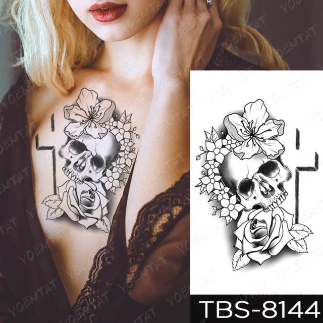 Black Sketchs Flowers Waterproof Temporary Tattoo Sticker Chest Flash Tattoo Wolf Diamond Flower Body Art Arm Fake Tattoo For Womens Men