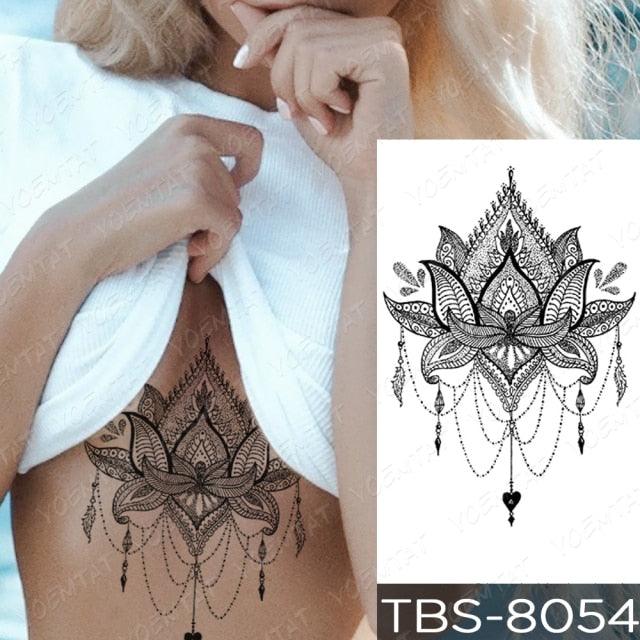 Black Sketchs Flowers Waterproof Temporary Tattoo Sticker Chest Flash Tattoo Wolf Diamond Flower Body Art Arm Fake Tattoo For Womens Men