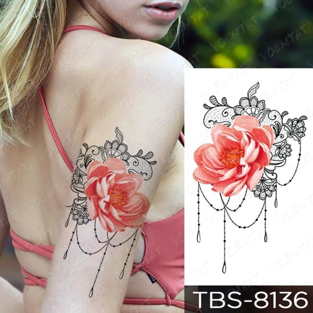 Black Sketchs Flowers Waterproof Temporary Tattoo Sticker Chest Flash Tattoo Wolf Diamond Flower Body Art Arm Fake Tattoo For Womens Men