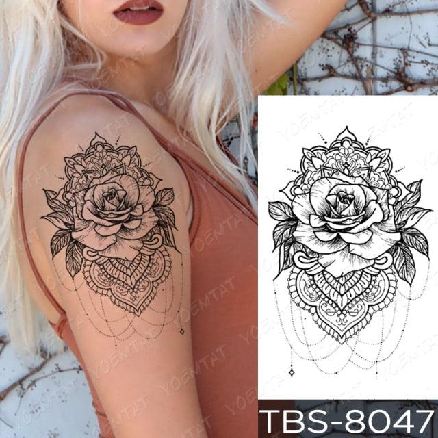 Black Sketchs Flowers Waterproof Temporary Tattoo Sticker Chest Flash Tattoo Wolf Diamond Flower Body Art Arm Fake Tattoo For Womens Men