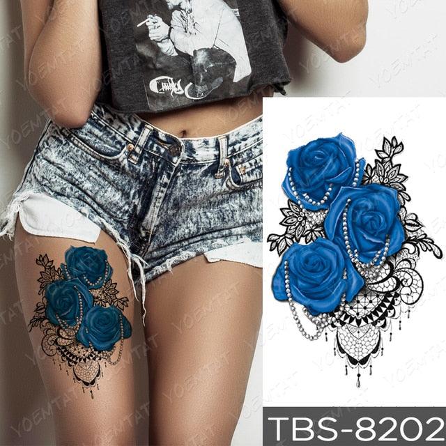 Black Sketchs Flowers Waterproof Temporary Tattoo Sticker Chest Flash Tattoo Wolf Diamond Flower Body Art Arm Fake Tattoo For Womens Men