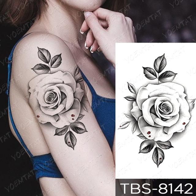 Black Sketchs Flowers Waterproof Temporary Tattoo Sticker Chest Flash Tattoo Wolf Diamond Flower Body Art Arm Fake Tattoo For Womens Men