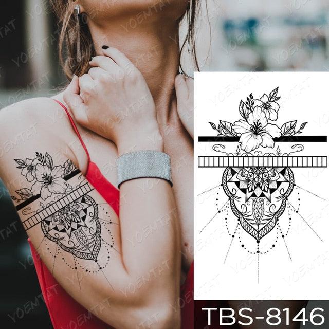 Black Sketchs Flowers Waterproof Temporary Tattoo Sticker Chest Flash Tattoo Wolf Diamond Flower Body Art Arm Fake Tattoo For Womens Men