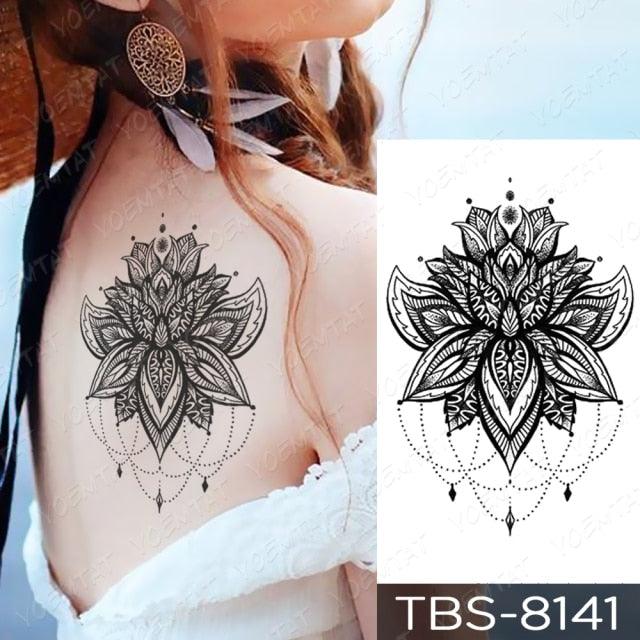 Black Sketchs Flowers Waterproof Temporary Tattoo Sticker Chest Flash Tattoo Wolf Diamond Flower Body Art Arm Fake Tattoo For Womens Men