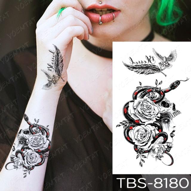 Black Sketchs Flowers Waterproof Temporary Tattoo Sticker Chest Flash Tattoo Wolf Diamond Flower Body Art Arm Fake Tattoo For Womens Men