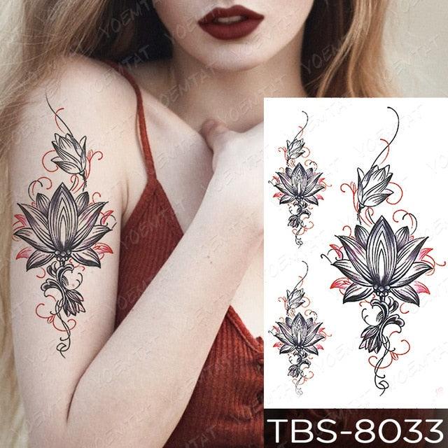 Black Sketchs Flowers Waterproof Temporary Tattoo Sticker Chest Flash Tattoo Wolf Diamond Flower Body Art Arm Fake Tattoo For Womens Men