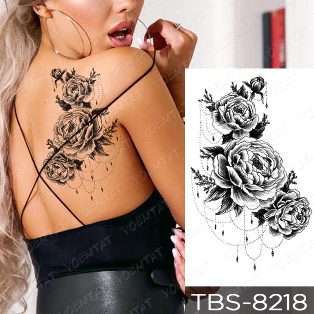 Black Sketchs Flowers Waterproof Temporary Tattoo Sticker Chest Flash Tattoo Wolf Diamond Flower Body Art Arm Fake Tattoo For Womens Men
