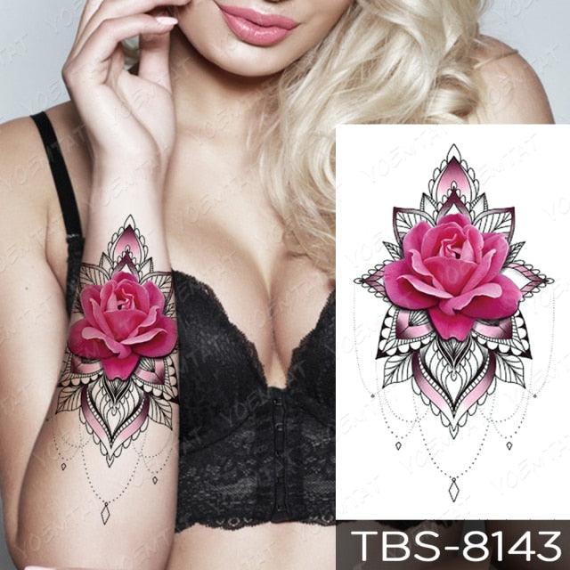 Black Sketchs Flowers Waterproof Temporary Tattoo Sticker Chest Flash Tattoo Wolf Diamond Flower Body Art Arm Fake Tattoo For Womens Men