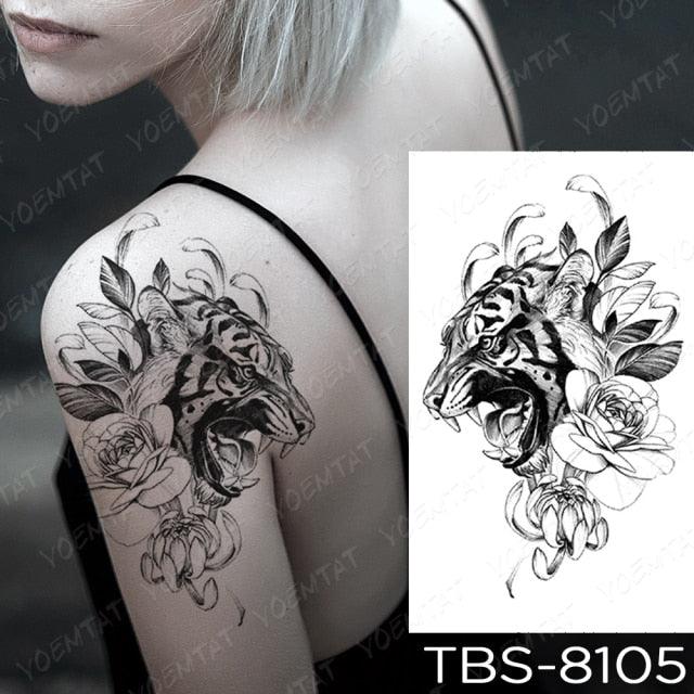 Black Sketchs Flowers Waterproof Temporary Tattoo Sticker Chest Flash Tattoo Wolf Diamond Flower Body Art Arm Fake Tattoo For Womens Men