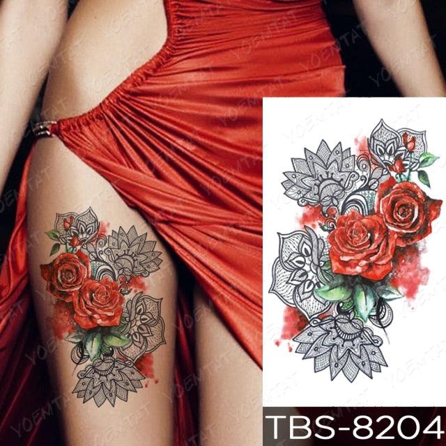 Black Sketchs Flowers Waterproof Temporary Tattoo Sticker Chest Flash Tattoo Wolf Diamond Flower Body Art Arm Fake Tattoo For Womens Men
