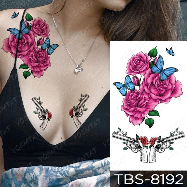 Black Sketchs Flowers Waterproof Temporary Tattoo Sticker Chest Flash Tattoo Wolf Diamond Flower Body Art Arm Fake Tattoo For Womens Men