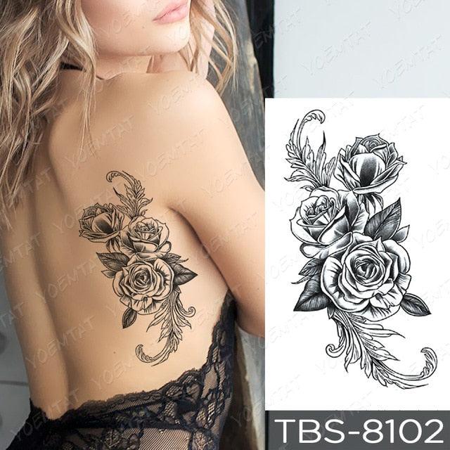Black Sketchs Flowers Waterproof Temporary Tattoo Sticker Chest Flash Tattoo Wolf Diamond Flower Body Art Arm Fake Tattoo For Womens Men