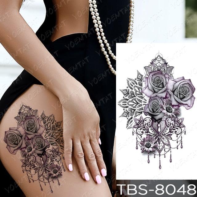 Black Sketchs Flowers Waterproof Temporary Tattoo Sticker Chest Flash Tattoo Wolf Diamond Flower Body Art Arm Fake Tattoo For Womens Men