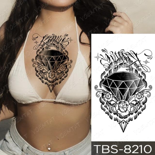 Black Sketchs Flowers Waterproof Temporary Tattoo Sticker Chest Flash Tattoo Wolf Diamond Flower Body Art Arm Fake Tattoo For Womens Men
