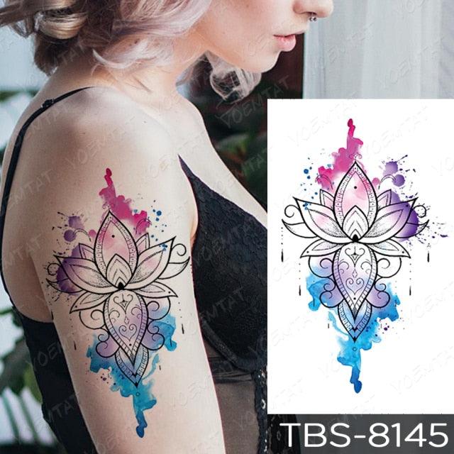 Black Sketchs Flowers Waterproof Temporary Tattoo Sticker Chest Flash Tattoo Wolf Diamond Flower Body Art Arm Fake Tattoo For Womens Men