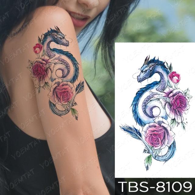 Black Sketchs Flowers Waterproof Temporary Tattoo Sticker Chest Flash Tattoo Wolf Diamond Flower Body Art Arm Fake Tattoo For Womens Men