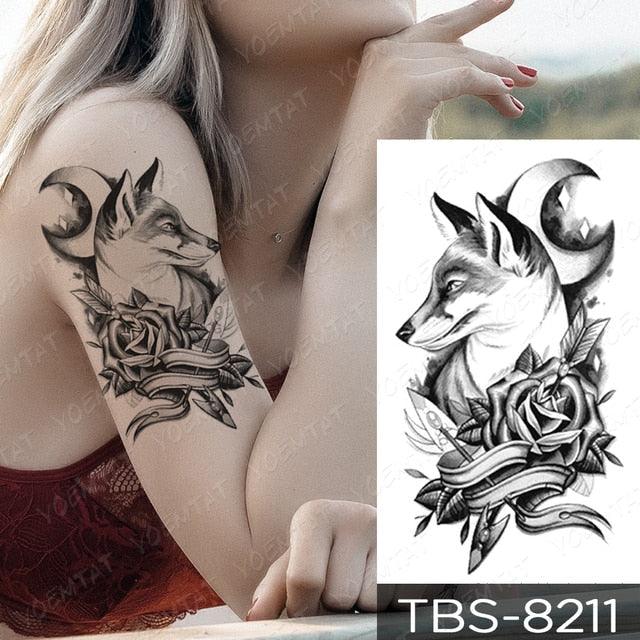 Black Sketchs Flowers Waterproof Temporary Tattoo Sticker Chest Flash Tattoo Wolf Diamond Flower Body Art Arm Fake Tattoo For Womens Men