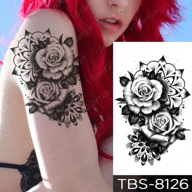 Black Sketchs Flowers Waterproof Temporary Tattoo Sticker Chest Flash Tattoo Wolf Diamond Flower Body Art Arm Fake Tattoo For Womens Men
