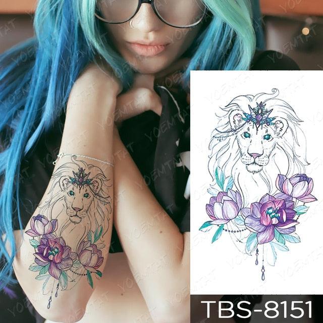 Black Sketchs Flowers Waterproof Temporary Tattoo Sticker Chest Flash Tattoo Wolf Diamond Flower Body Art Arm Fake Tattoo For Womens Men