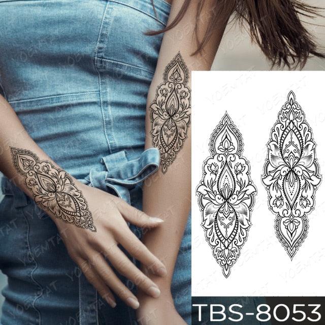Black Sketchs Flowers Waterproof Temporary Tattoo Sticker Chest Flash Tattoo Wolf Diamond Flower Body Art Arm Fake Tattoo For Womens Men
