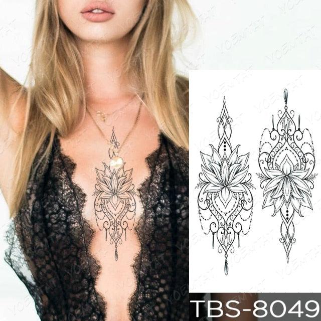 Black Sketchs Flowers Waterproof Temporary Tattoo Sticker Chest Flash Tattoo Wolf Diamond Flower Body Art Arm Fake Tattoo For Womens Men