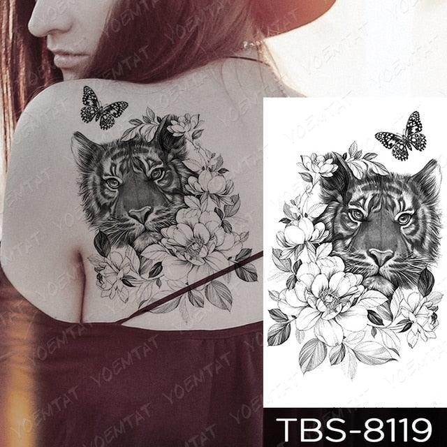 Black Sketchs Flowers Waterproof Temporary Tattoo Sticker Chest Flash Tattoo Wolf Diamond Flower Body Art Arm Fake Tattoo For Womens Men