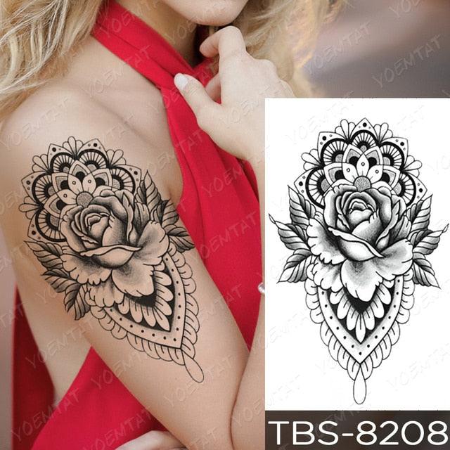Black Sketchs Flowers Waterproof Temporary Tattoo Sticker Chest Flash Tattoo Wolf Diamond Flower Body Art Arm Fake Tattoo For Womens Men