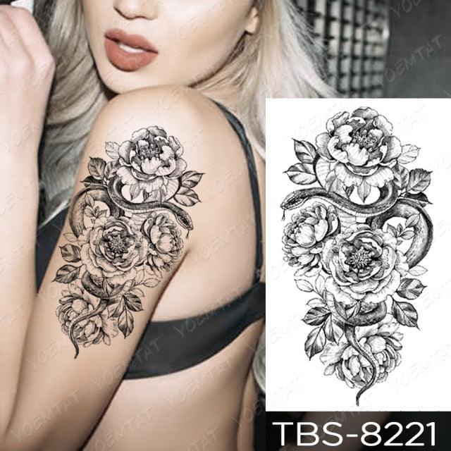 Black Sketchs Flowers Waterproof Temporary Tattoo Sticker Chest Flash Tattoo Wolf Diamond Flower Body Art Arm Fake Tattoo For Womens Men