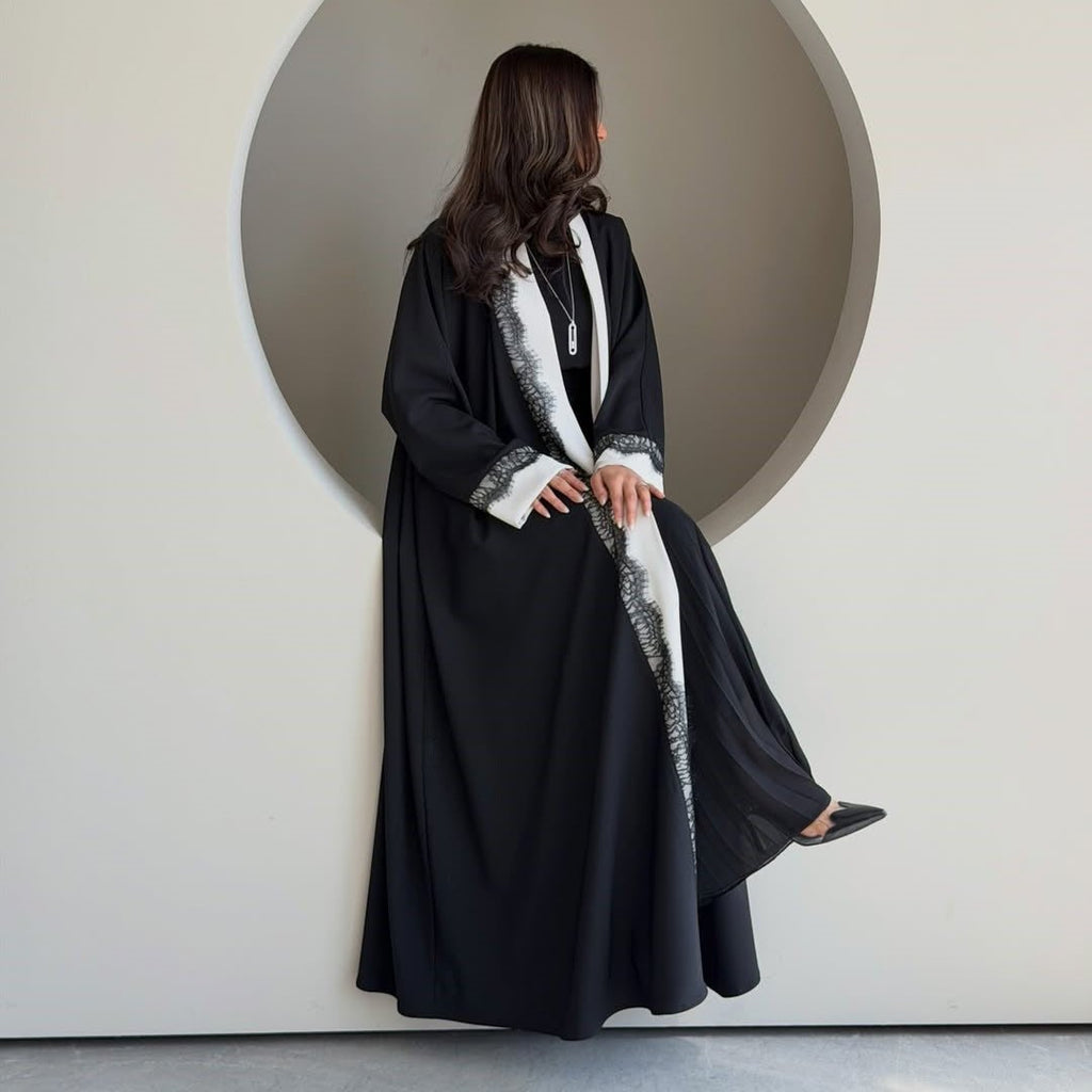 Black & White Lace Trim Open Abaya(MOA311)