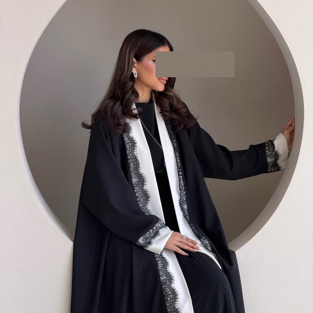 Black & White Lace Trim Open Abaya(MOA311)