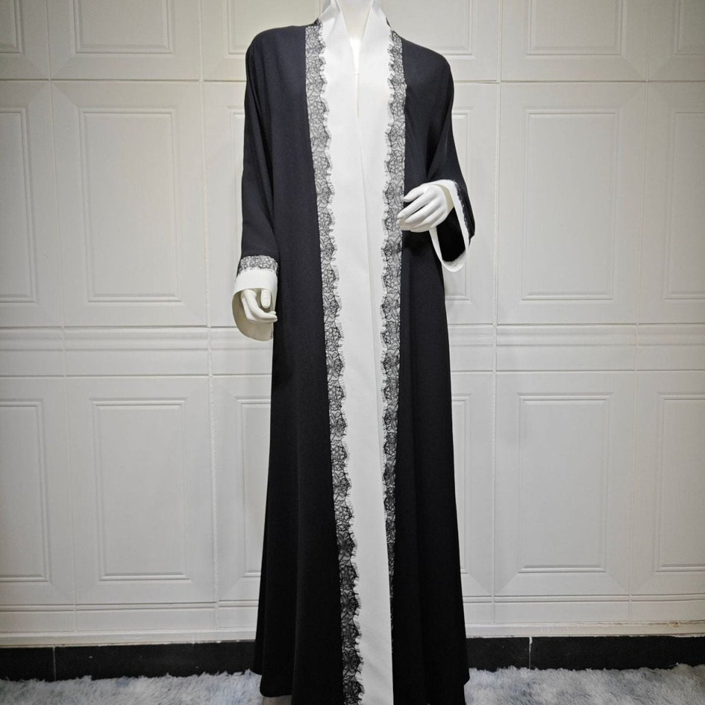 Black & White Lace Trim Open Abaya(MOA311)