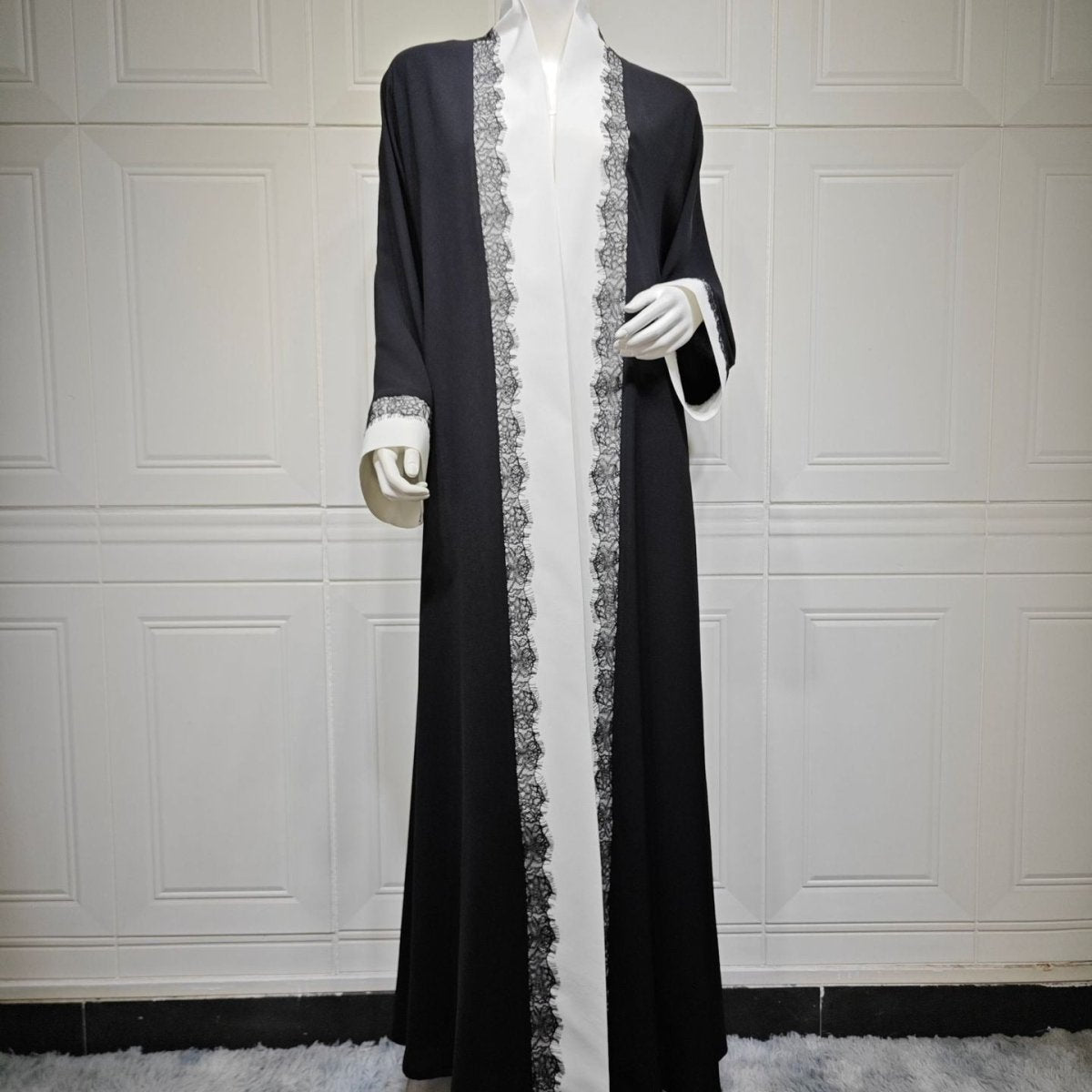 Black & White Lace Trim Open Abaya(MOA311)