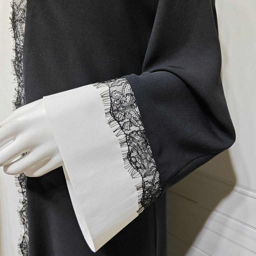 Black & White Lace Trim Open Abaya(MOA311)