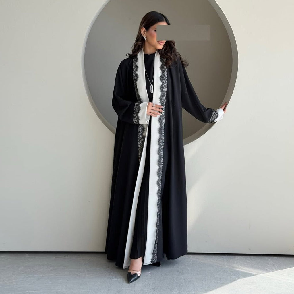 Black & White Lace Trim Open Abaya(MOA311)