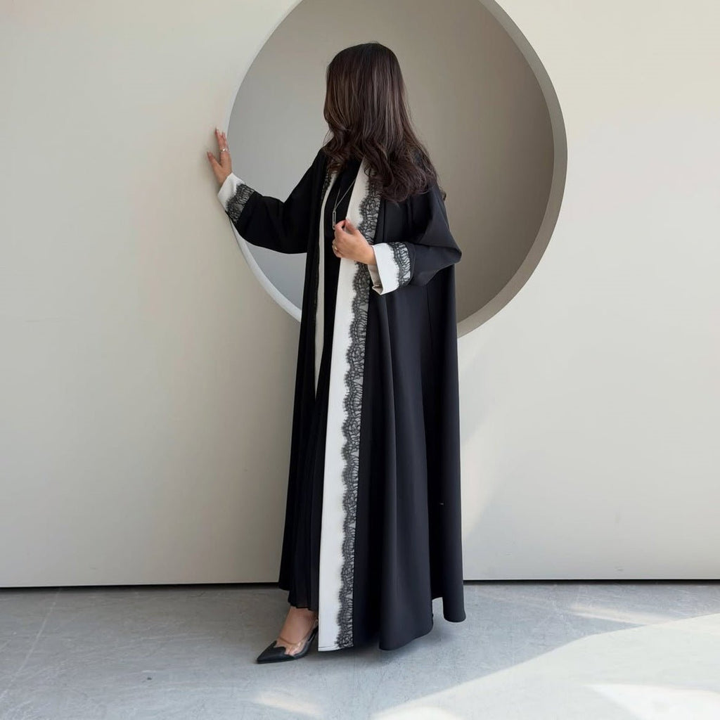 Black & White Lace Trim Open Abaya(MOA311)