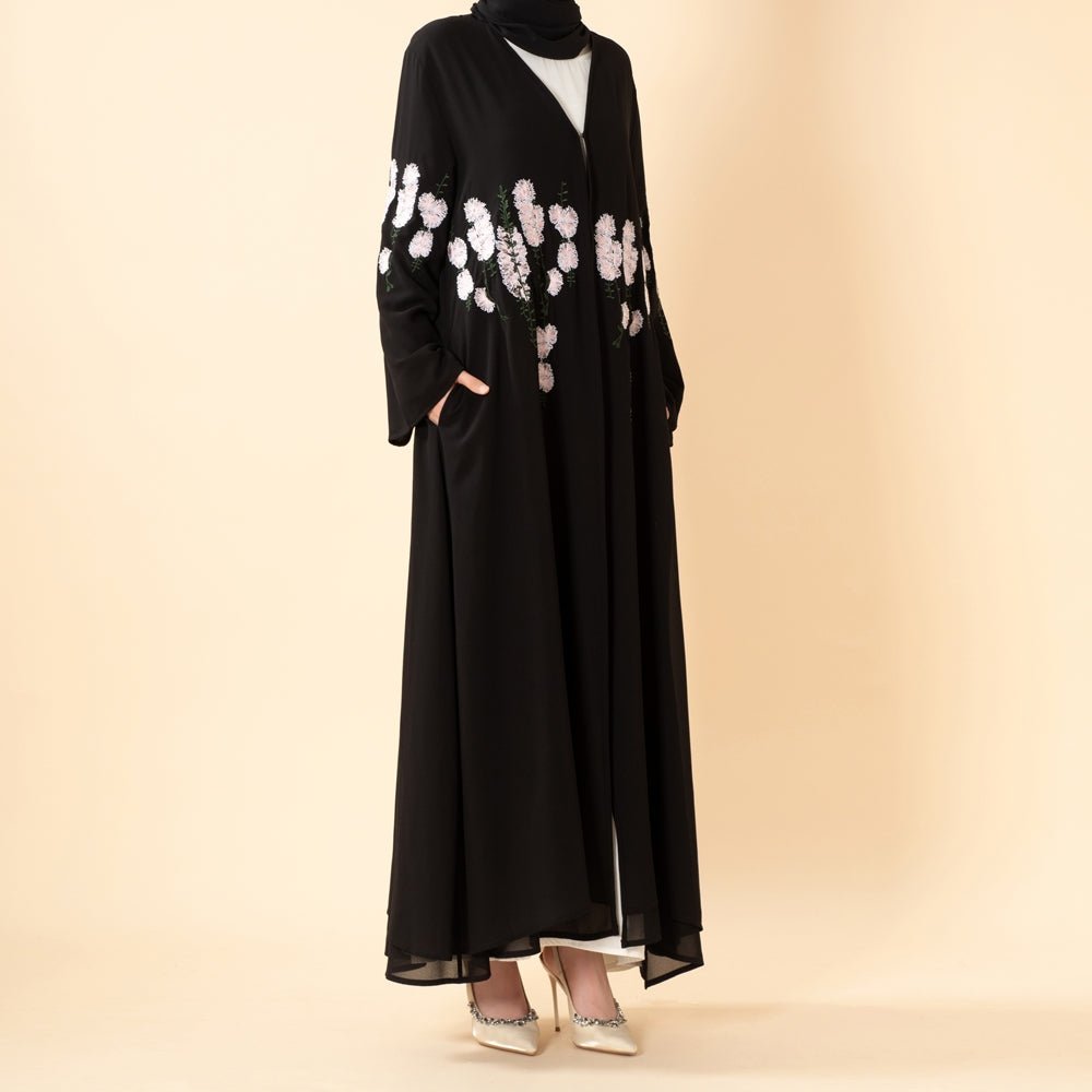 Luxury Floral Embroidered Double-Layer Chiffon Open Abaya(MOA308)