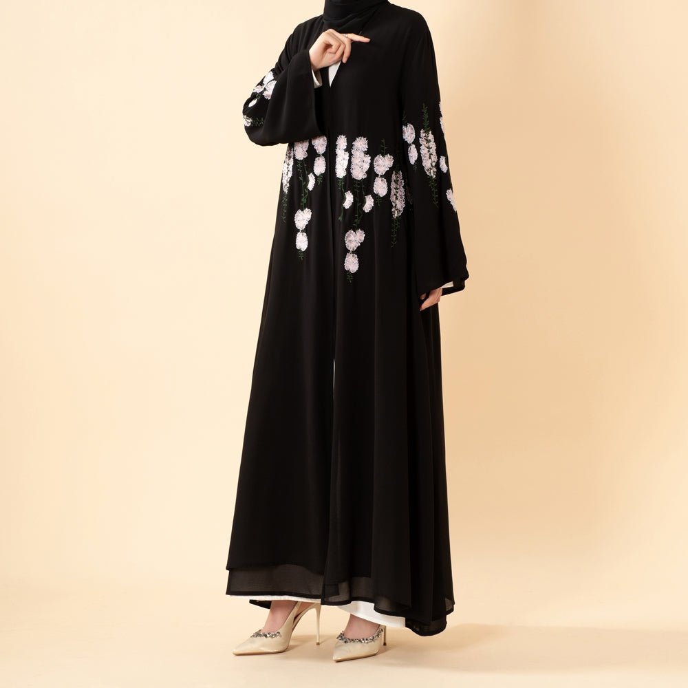 Luxury Floral Embroidered Double-Layer Chiffon Open Abaya(MOA308)
