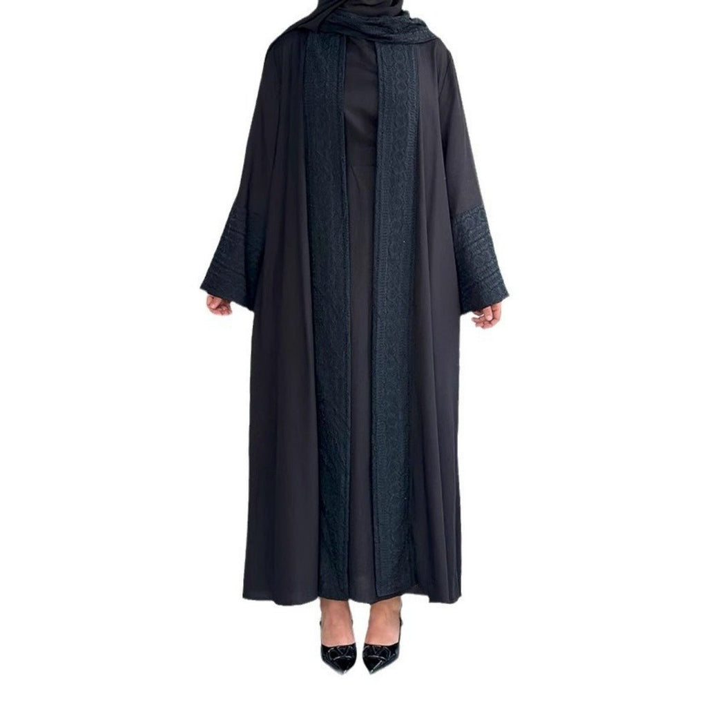 Blossom Elegance Modest Luxury 3-Piece Abaya Set | Pink & Beige Bell Sleeve Robe with Inner Dress & Hijab (MOA193)