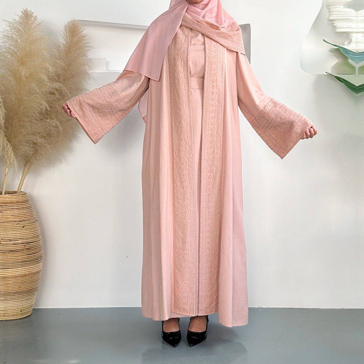 Blossom Elegance Modest Luxury 3-Piece Abaya Set | Pink & Beige Bell Sleeve Robe with Inner Dress & Hijab (MOA193)