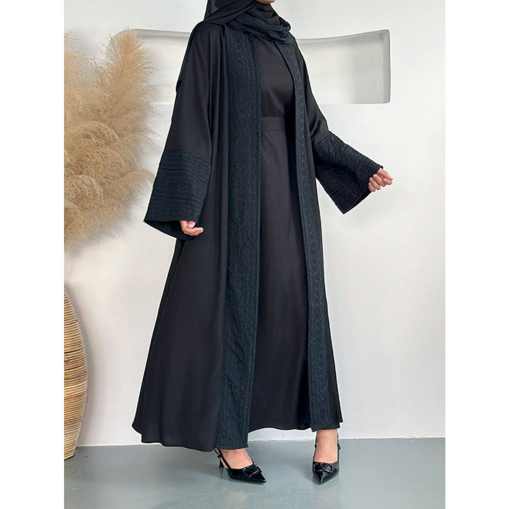 Blossom Elegance Modest Luxury 3-Piece Abaya Set | Pink & Beige Bell Sleeve Robe with Inner Dress & Hijab (MOA193)