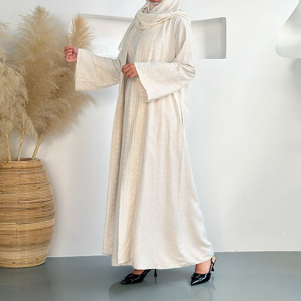 Blossom Elegance Modest Luxury 3-Piece Abaya Set | Pink & Beige Bell Sleeve Robe with Inner Dress & Hijab (MOA193)