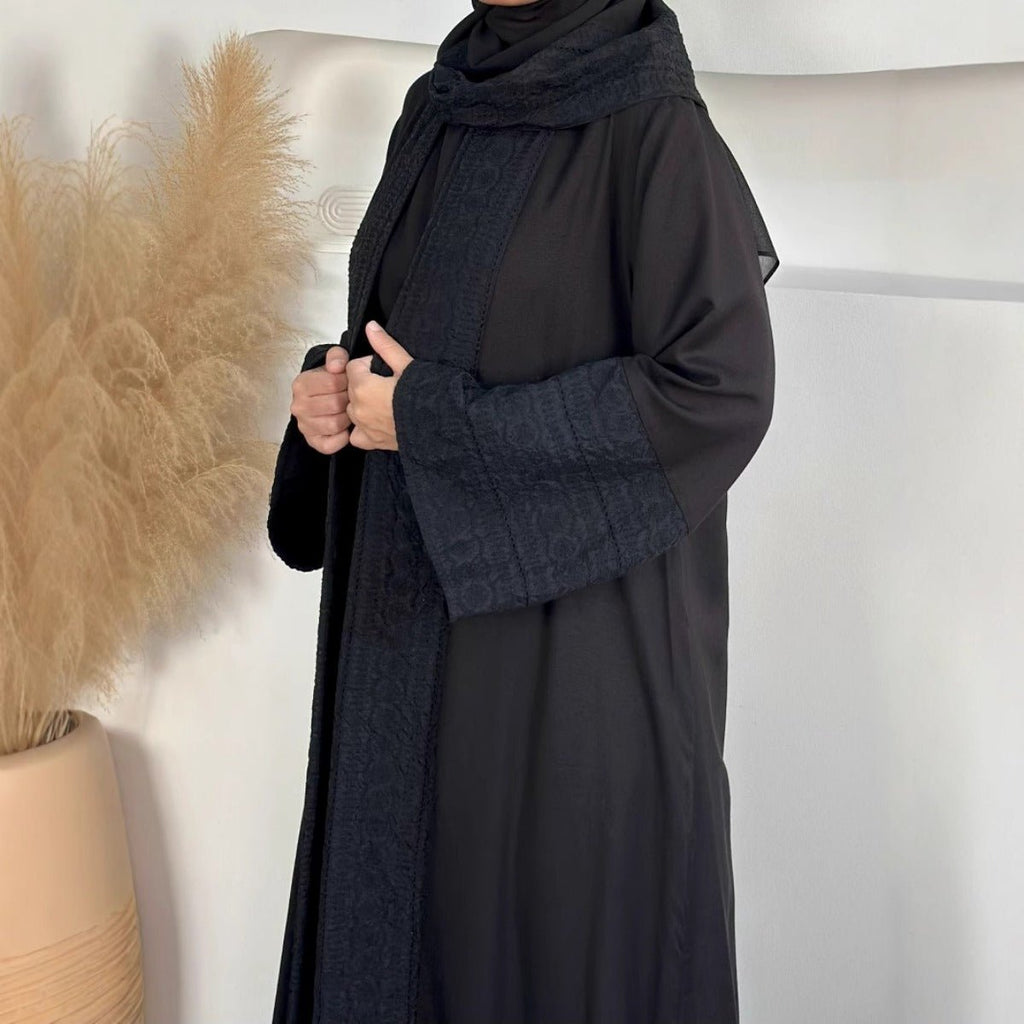 Blossom Elegance Modest Luxury 3-Piece Abaya Set | Pink & Beige Bell Sleeve Robe with Inner Dress & Hijab (MOA193)