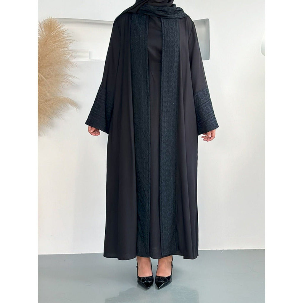 Blossom Elegance Modest Luxury 3-Piece Abaya Set | Pink & Beige Bell Sleeve Robe with Inner Dress & Hijab (MOA193)