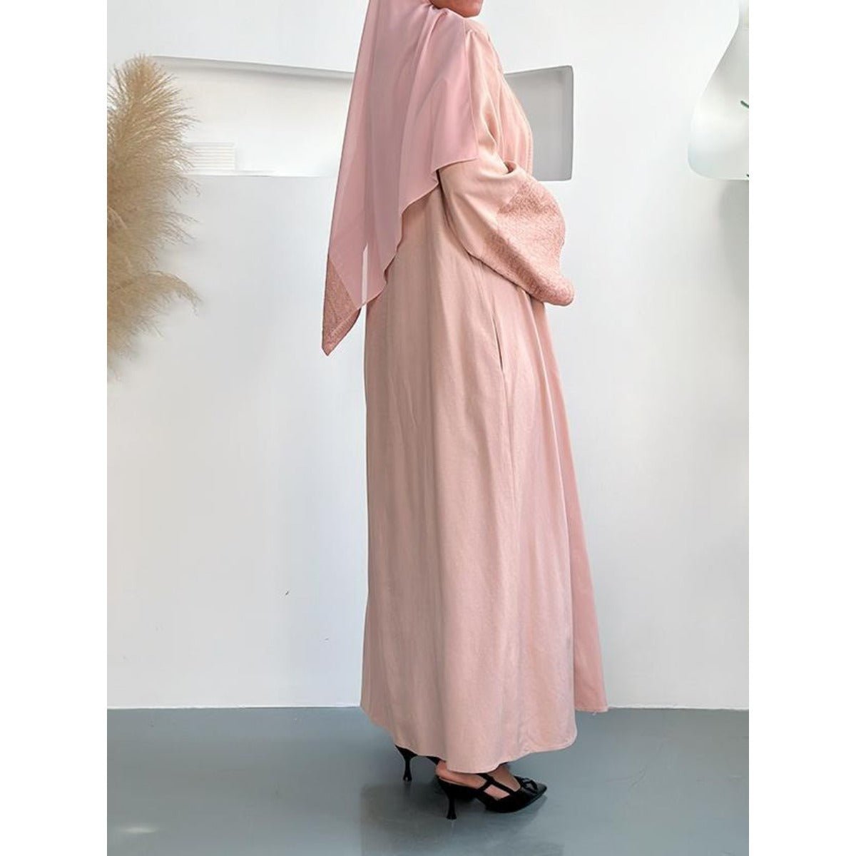 Blossom Elegance Modest Luxury 3-Piece Abaya Set | Pink & Beige Bell Sleeve Robe with Inner Dress & Hijab (MOA193)