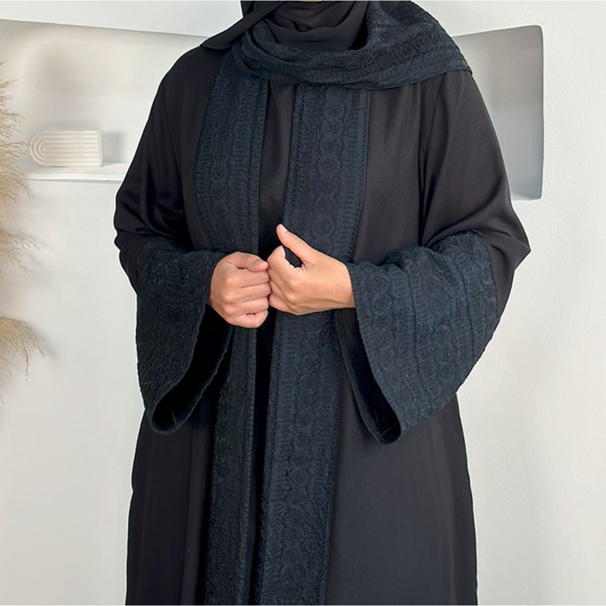 Blossom Elegance Modest Luxury 3-Piece Abaya Set | Pink & Beige Bell Sleeve Robe with Inner Dress & Hijab (MOA193)