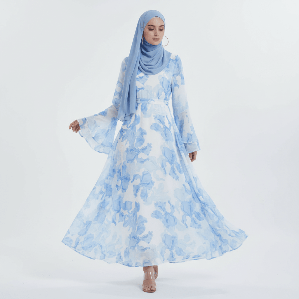 Blossom Printed Chiffon Abaya | Flared Sleeve Abaya (MA149)