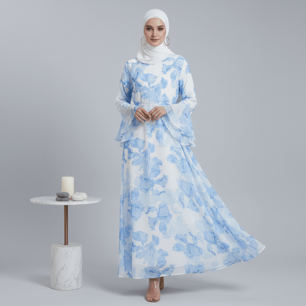 Blossom Printed Chiffon Abaya | Flared Sleeve Abaya (MA149)