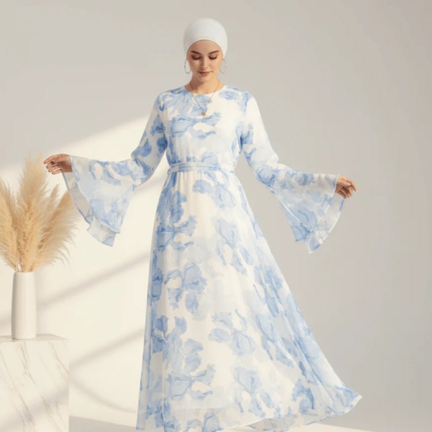 Blossom Printed Chiffon Abaya | Flared Sleeve Abaya (MA149)